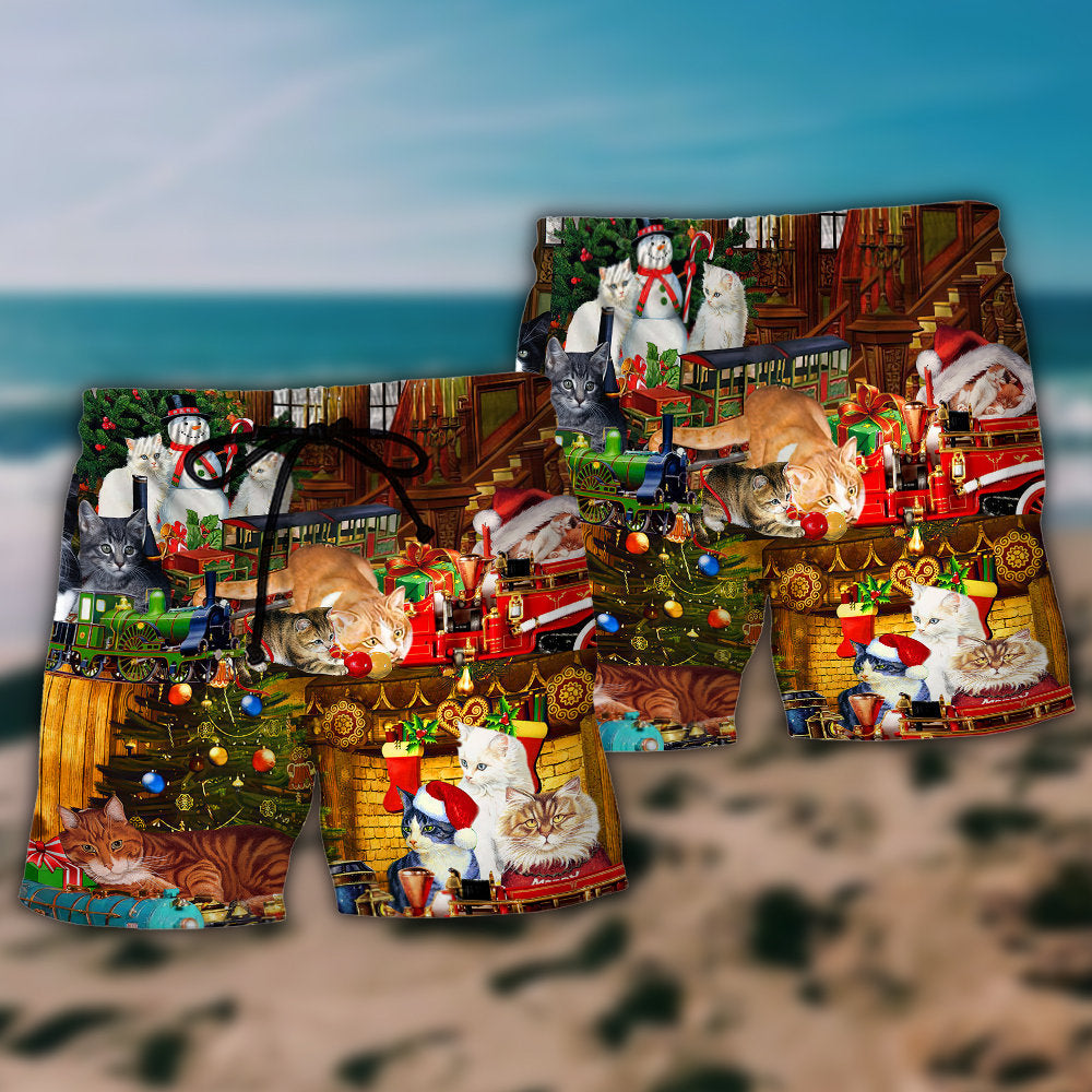 Christmas Cat Toy Train Beach Shorts Pattern Detail For Relaxed Weekends And Vacation Ready Style