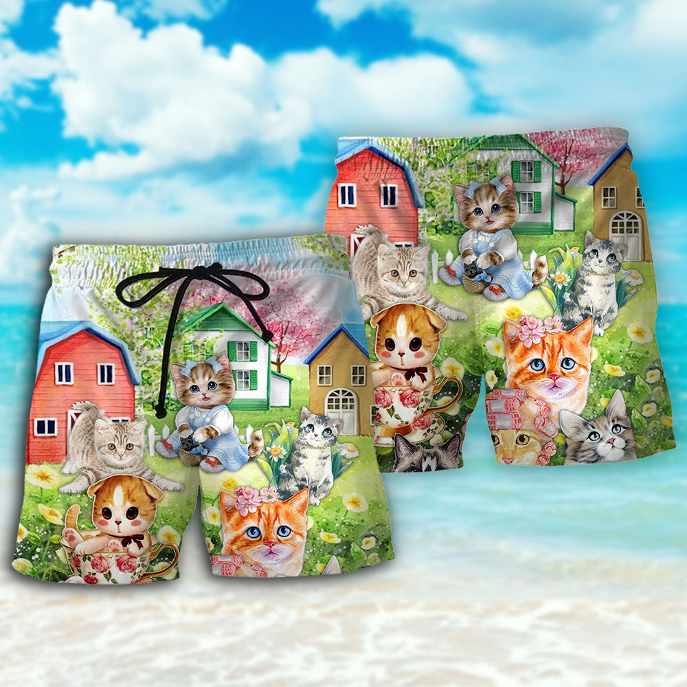 Cat And Flowers Cozy Home Beach Shorts Pattern Detail For Relaxed Warm Weather Outfits