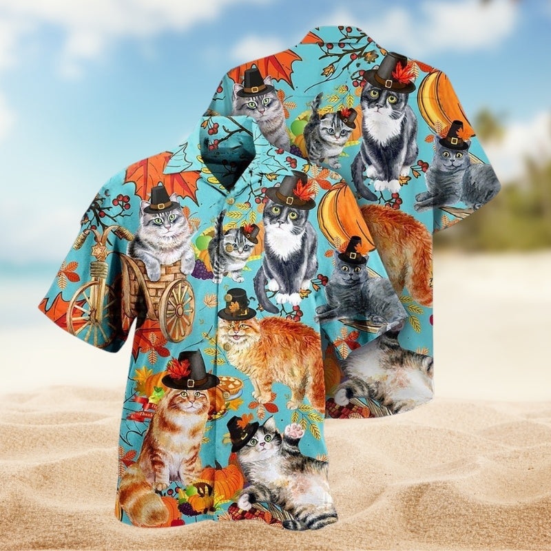 Cats Thanksgiving Hawaiian Shirt For Coastal Travel, Casual Events, And Comfortable Summer Wear