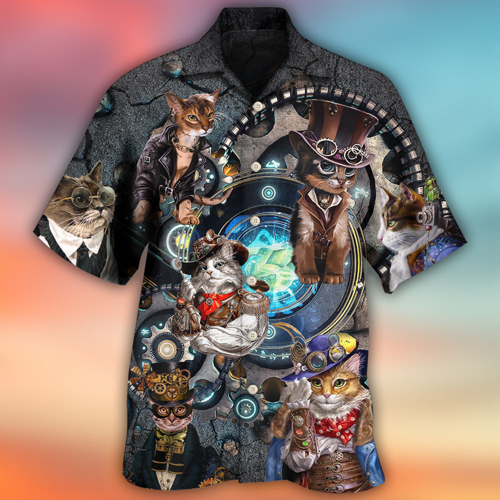 Cat And Mechanic Hawaiian Shirt With Detailed Graphic For Coastal Trips Outdoor Events And Relaxed Summer Wear