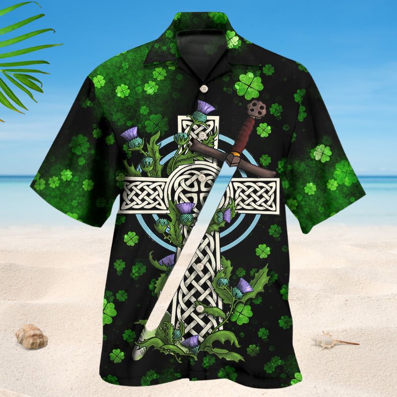Celtic Cross Irish Pride Hawaiian Shirt For Resort Trips, Coastal Parties, And Warm Weather Style