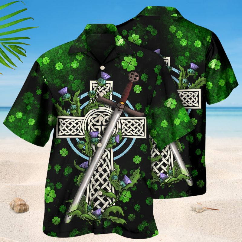 Celtic Cross Irish Pride Hawaiian Shirt For Resort Trips, Coastal Parties, And Warm Weather Style