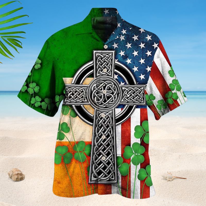Celtic Cross Irish Saint Patrick Hawaiian Shirt For Island Vacations, Resort Wear, And Relaxed Seasonal Style