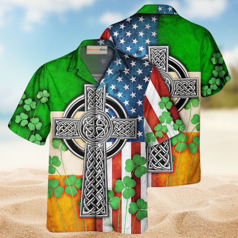 Celtic Cross Irish Saint Patrick Hawaiian Shirt For Island Vacations, Resort Wear, And Relaxed Seasonal Style