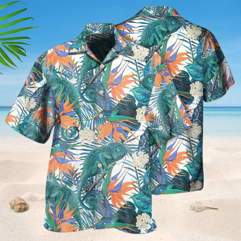 Floral Tropical Chameleon Hawaiian Shirt For Summer Vacation, Beach Travel, And Casual Wear