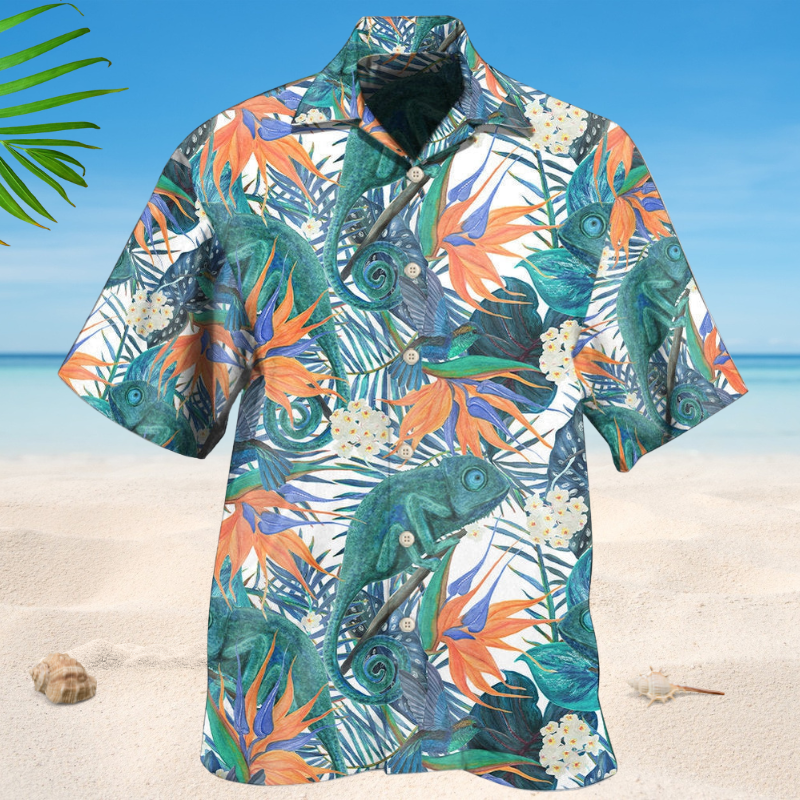Floral Tropical Chameleon Hawaiian Shirt For Summer Vacation, Beach Travel, And Casual Wear