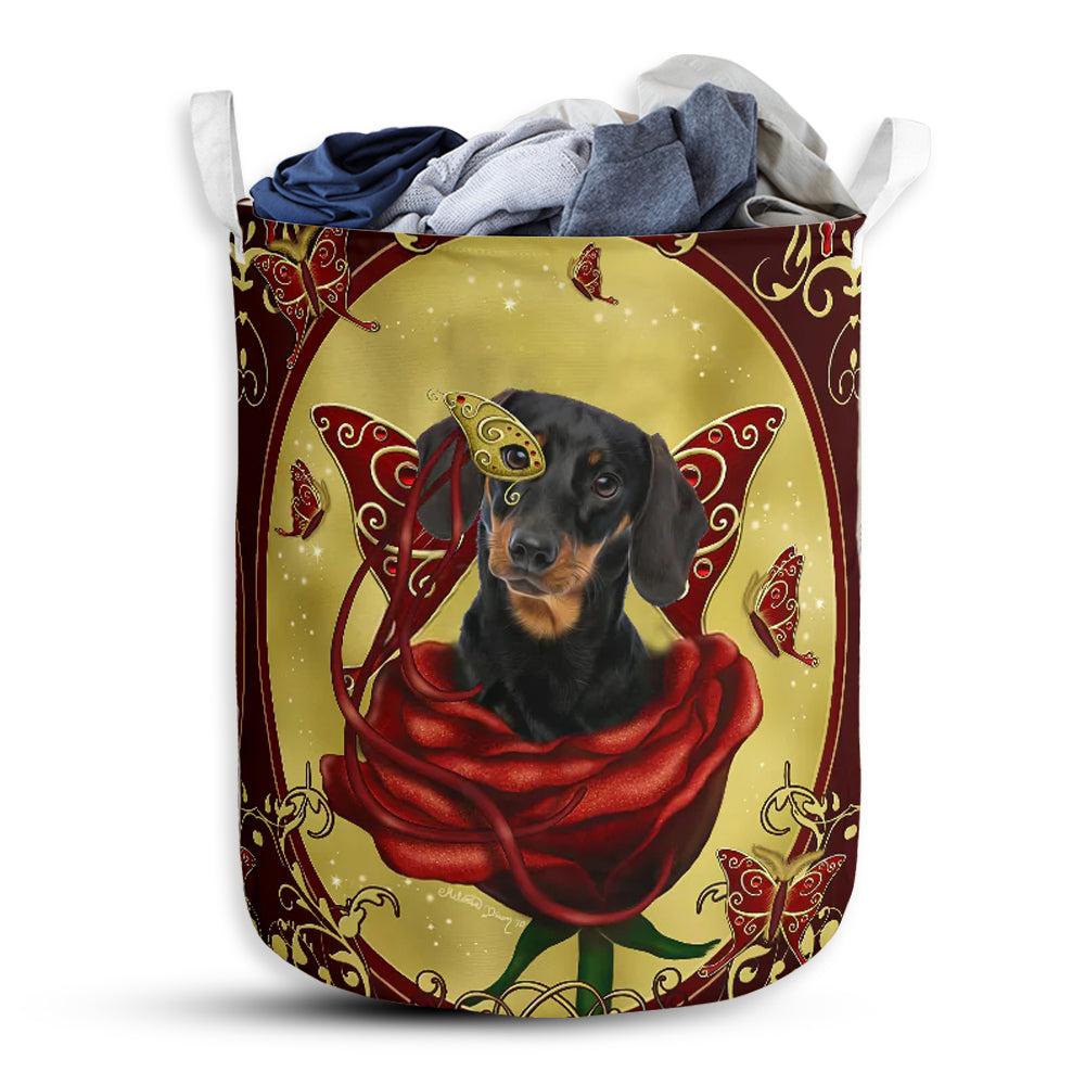 Small Size Dachshund Charming Rose Butterfly Laundry Basket For Bathroom Bedroom Storage