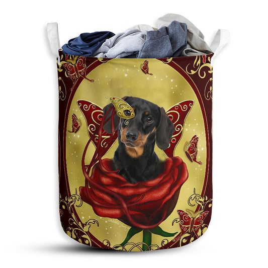 Small Size Dachshund Charming Rose Butterfly Laundry Basket For Bathroom Bedroom Storage