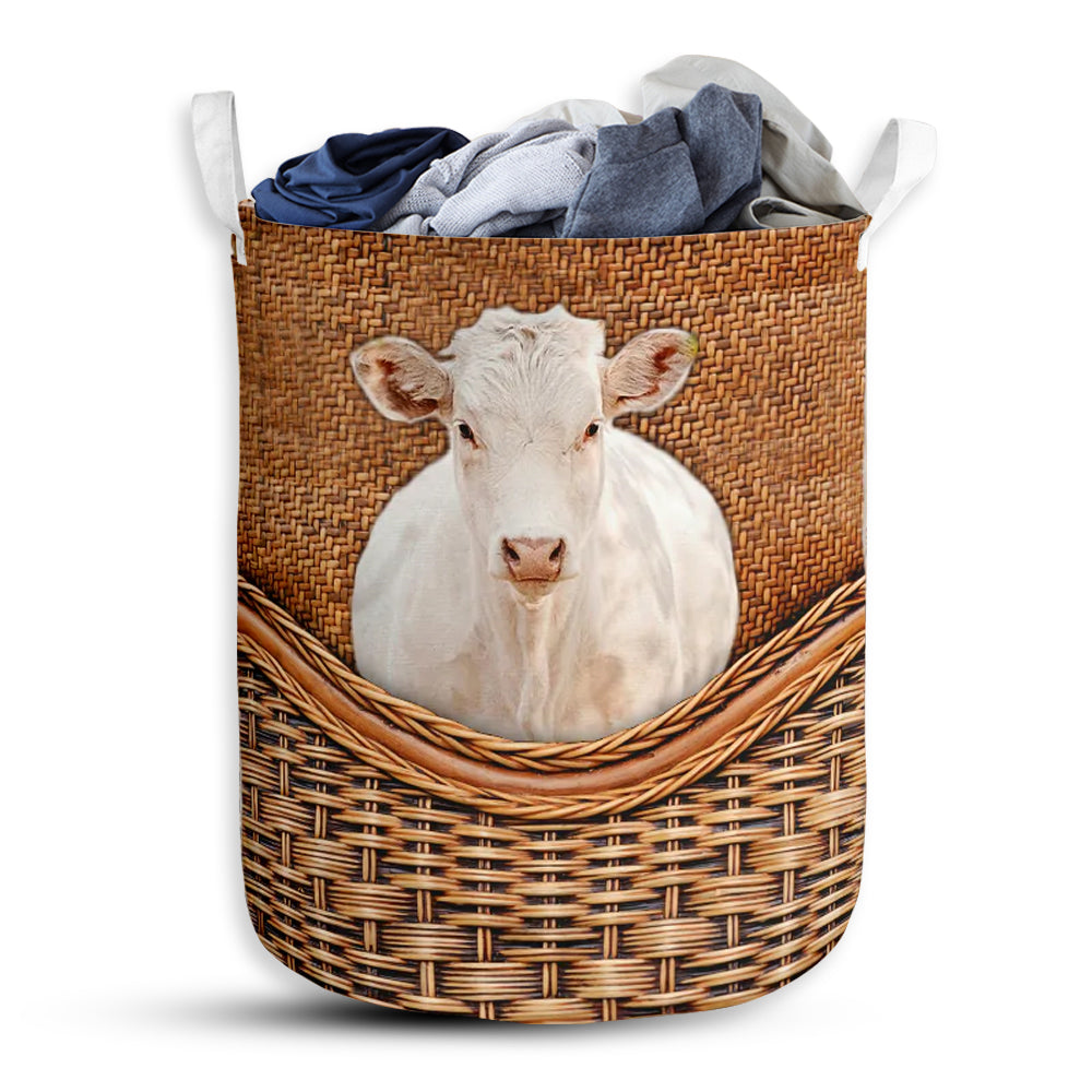 Small Size Charolais Cow Rattan Texture Laundry Basket For Bathroom Bedroom Storage