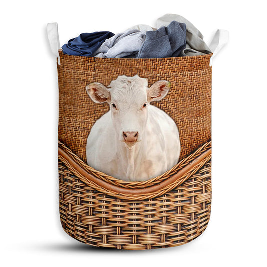 Small Size Charolais Cow Rattan Texture Laundry Basket For Bathroom Bedroom Storage