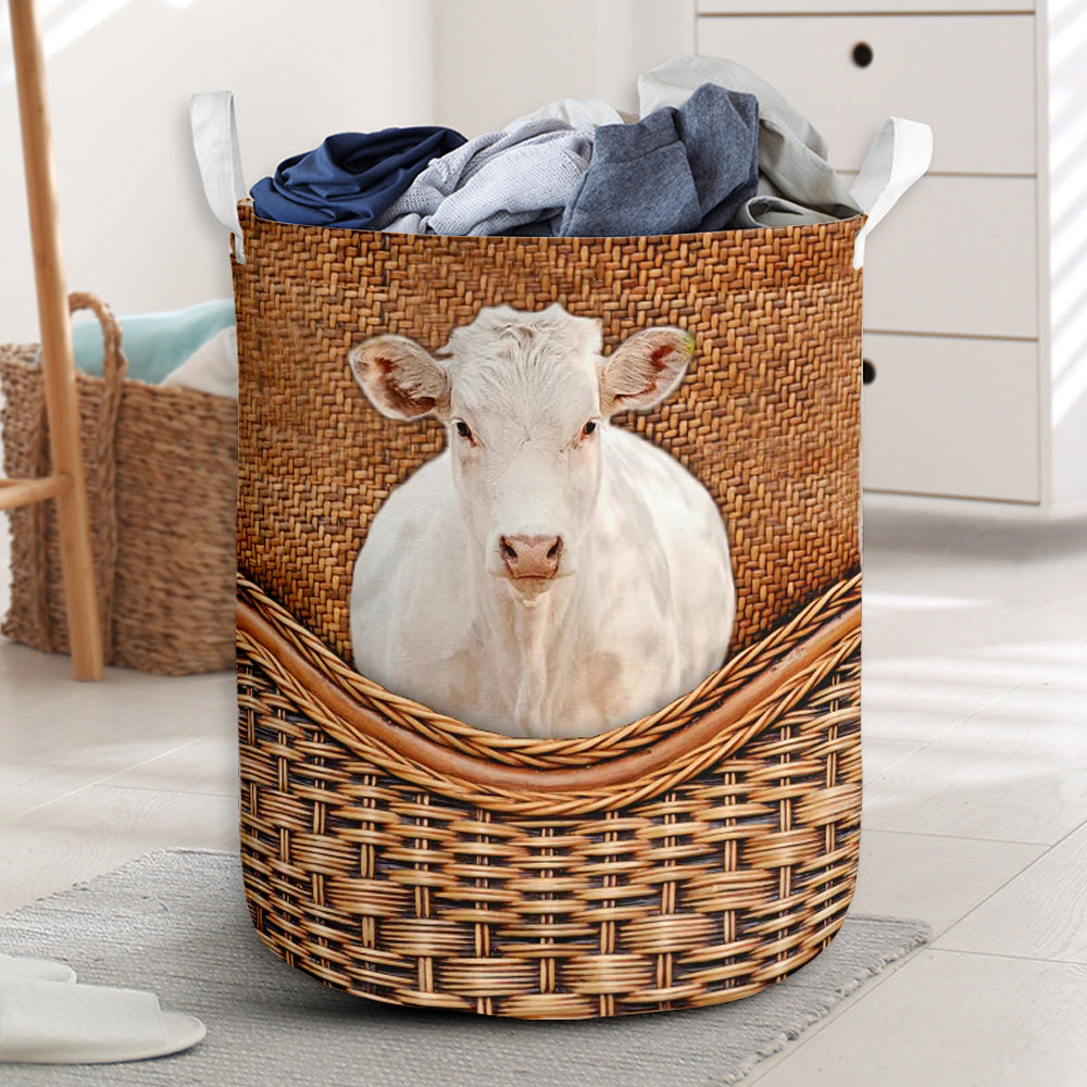 Charolais Cow Rattan Texture Laundry Basket For Room Home Organizer