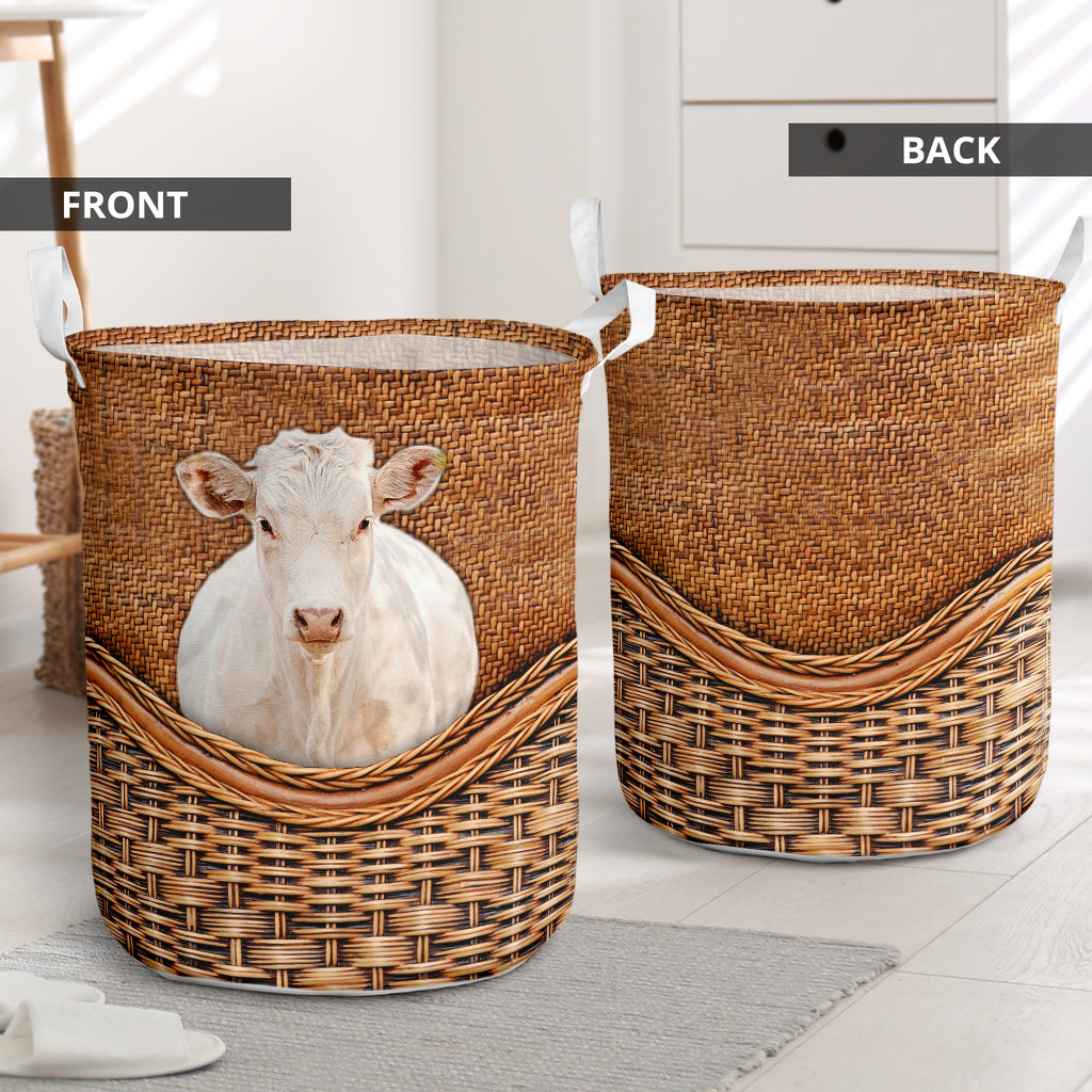 Charolais Cow Rattan Texture Laundry Basket For Nursery Dorm And Home Storage