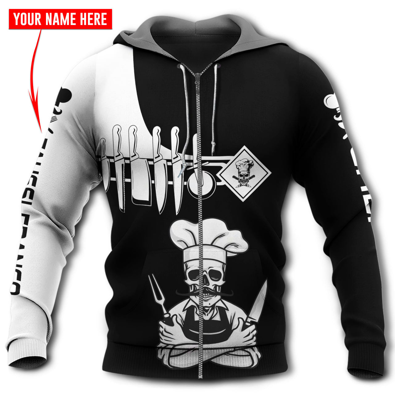 Black White Chef Skull Personalized Hoodie For Alternative Events Seasonal Outings And Gift Ideas