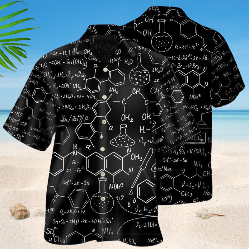 Creative Chemistry Black Hawaiian Shirt For Coastal Travel, Casual Events, And Comfortable Summer Wear