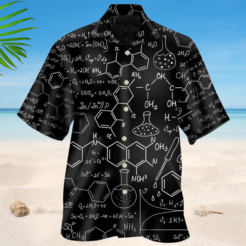 Creative Chemistry Black Hawaiian Shirt For Coastal Travel, Casual Events, And Comfortable Summer Wear