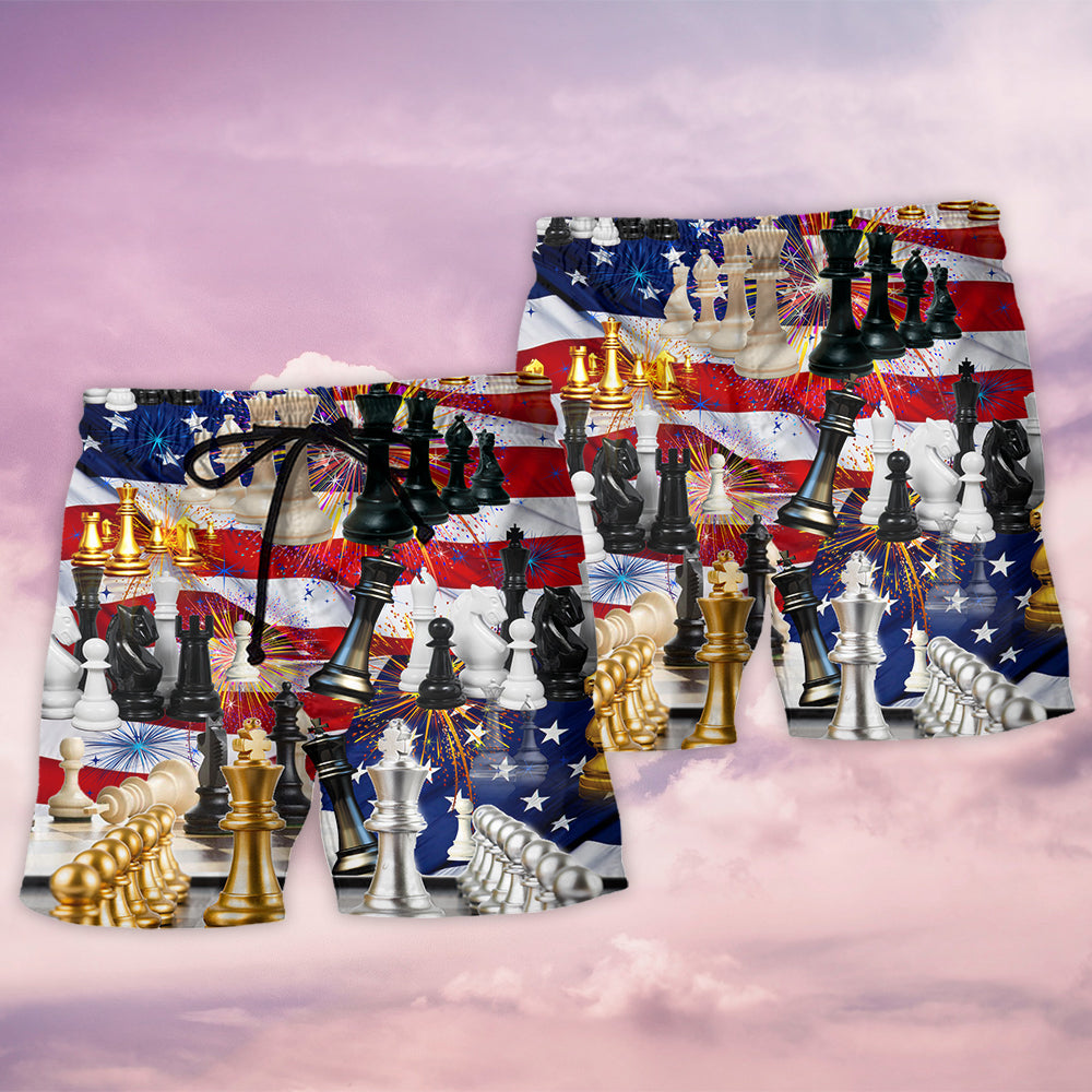 Chess And Fireworks Celebration Beach Shorts Print View For Coastal Escapes And Casual Outings