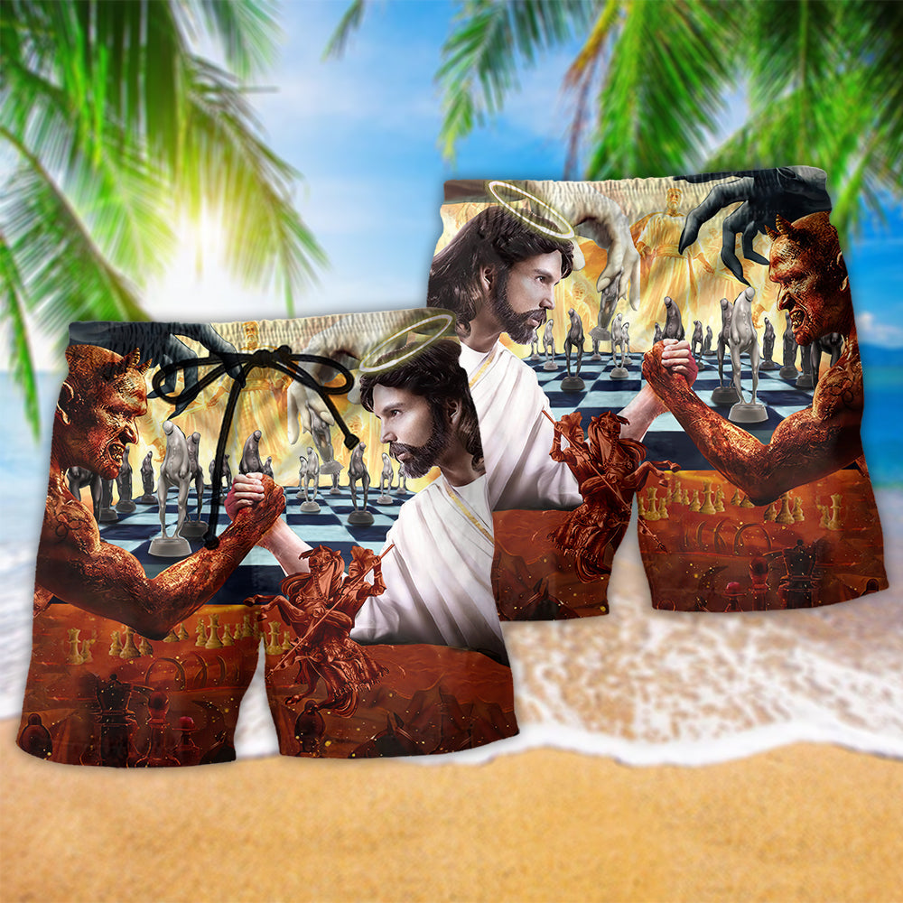 Chess Battle Light Dark Beach Shorts Pattern Detail For Vacation Style And Memorable Gift Ideas