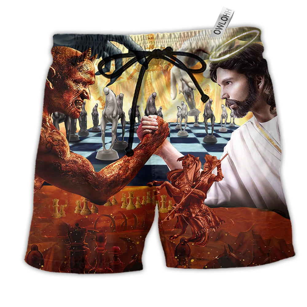 Chess Battle Satan Vs Jesus Hawaiian Print Beach Shorts For Thoughtful Warm Weather Gifting