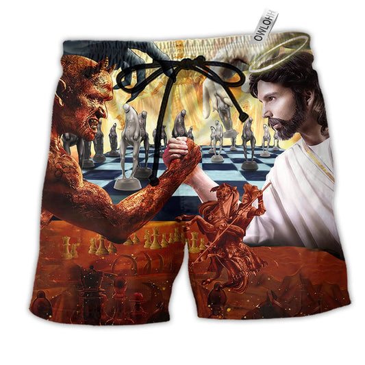 Chess Battle Satan Vs Jesus Hawaiian Print Beach Shorts For Thoughtful Warm Weather Gifting