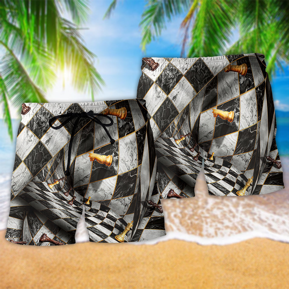 Mysterious Chess Strategy Dark Beach Shorts Pattern Detail For Sunny Outdoor Activities