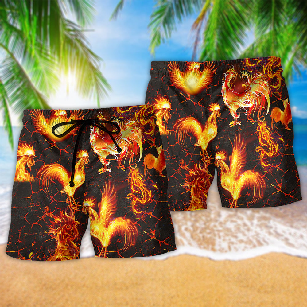 Fire Chicken Beach Shorts Pattern Detail For Casual Summer Plans And Travel Ready Comfort