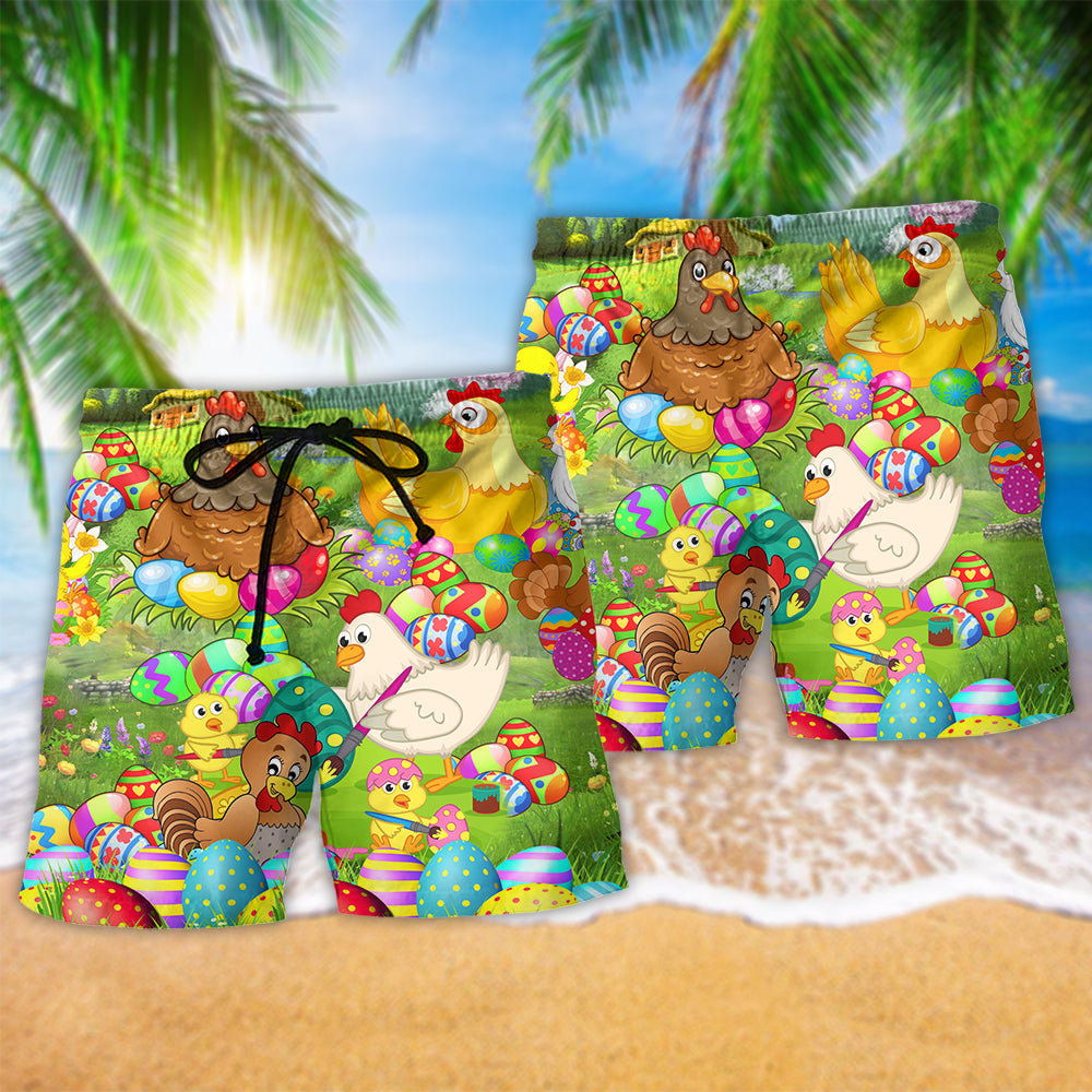 Chicken In Farm Easter Eggs Hawaiian Print Beach Shorts For Wildlife Inspired Summer Style
