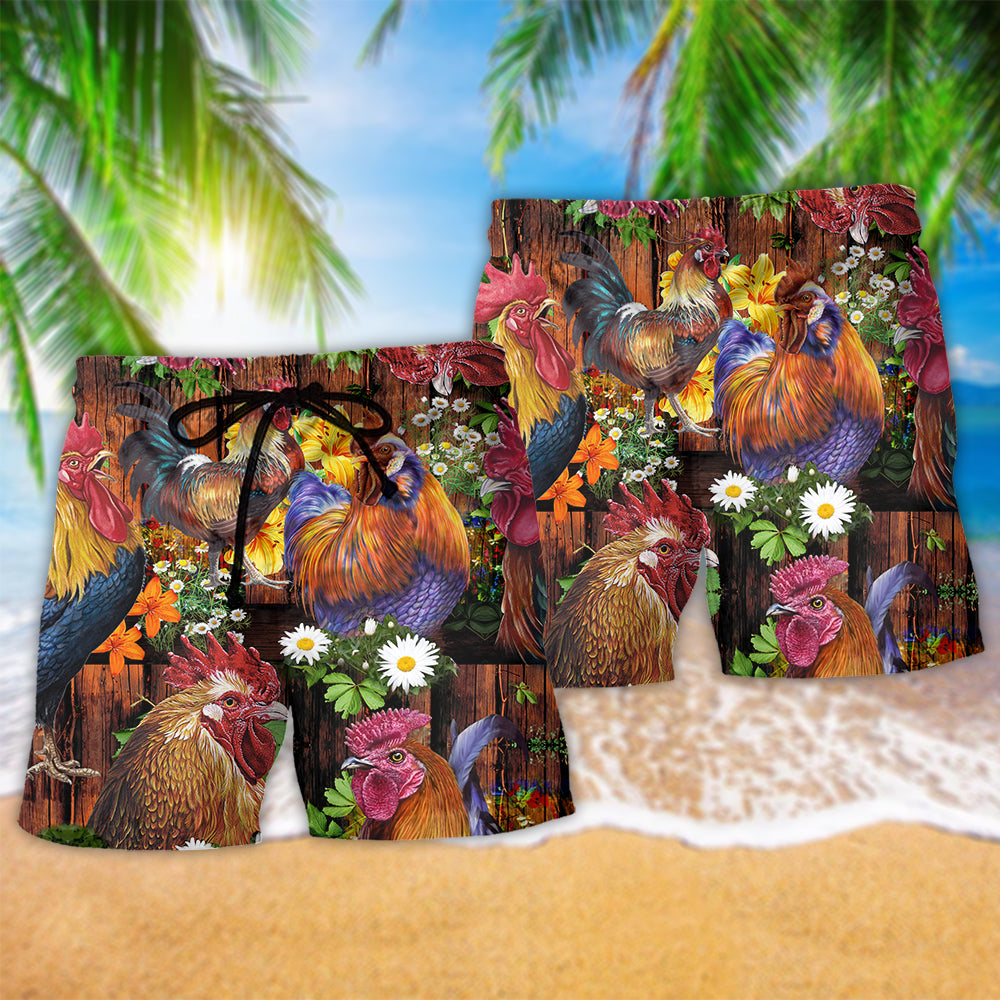 Rise Shine Rooster Floral Beach Shorts Pattern Detail For Leisure Travel And Casual Outdoor Comfort