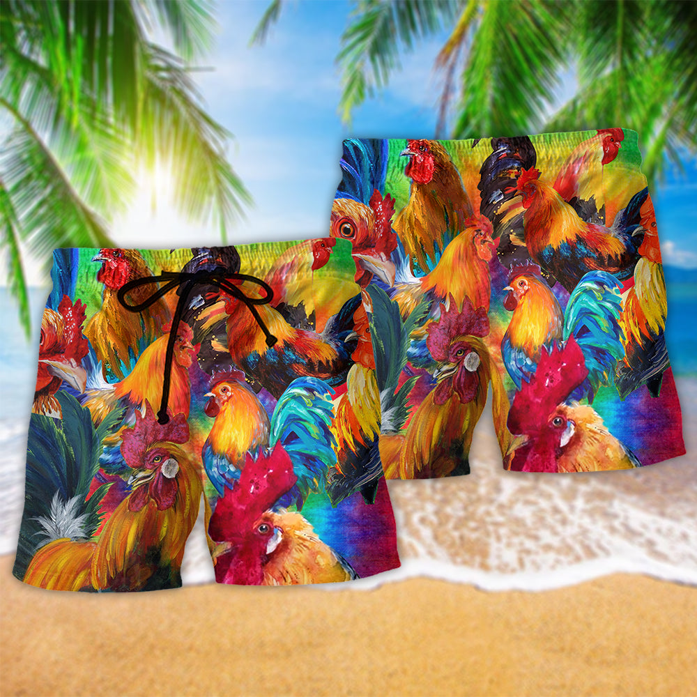 Chicken Rooster In Farm Hawaiian Print Beach Shorts For Relaxed Warm Weather Wear