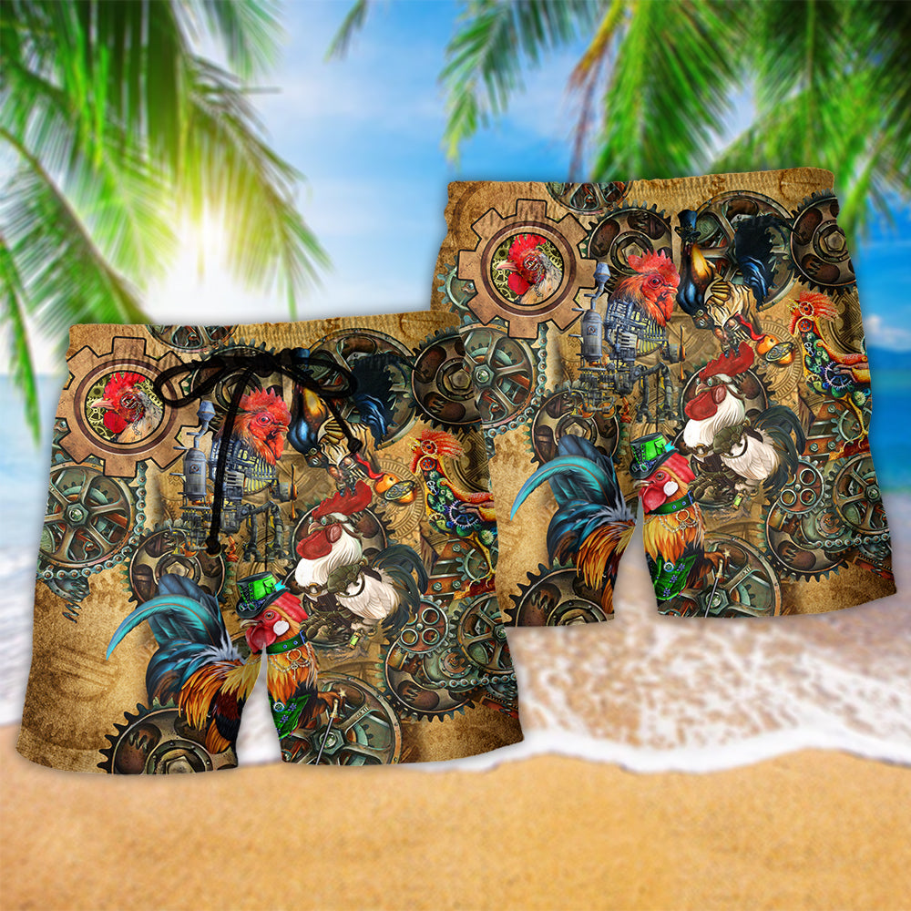 Steampunk Rooster Vintage Beach Shorts Pattern Detail For Weekend Travel And Easy Warm Weather Wear