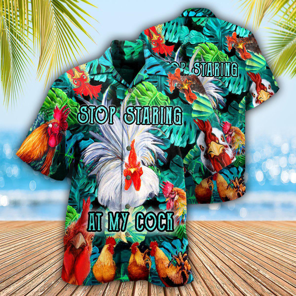 Funny Vintage Rooster Stop Staring Humor Hawaiian Shirt For Coastal Adventures And Warm Weather Wear