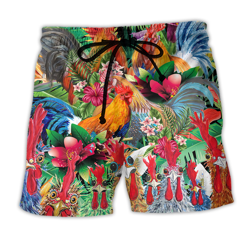 Chicken Tropical Summer Floral Beach Shorts Artwork Detail For Casual Warm Weather Outfits
