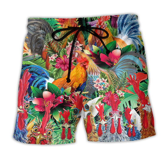 Summer Tropical Floral Chicken Beach Shorts For Summer Vacations And Versatile Outdoor Wear