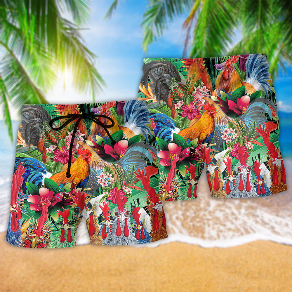 Summer Tropical Floral Chicken Beach Shorts Pattern Detail For Coastal Travel And Versatile Outdoor Wear