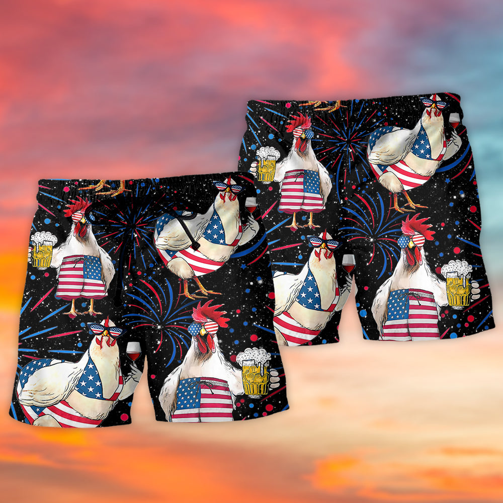 Patriotic Chicken Beer Humor Beach Shorts Design View For Poolside Relaxation And Holiday Trips