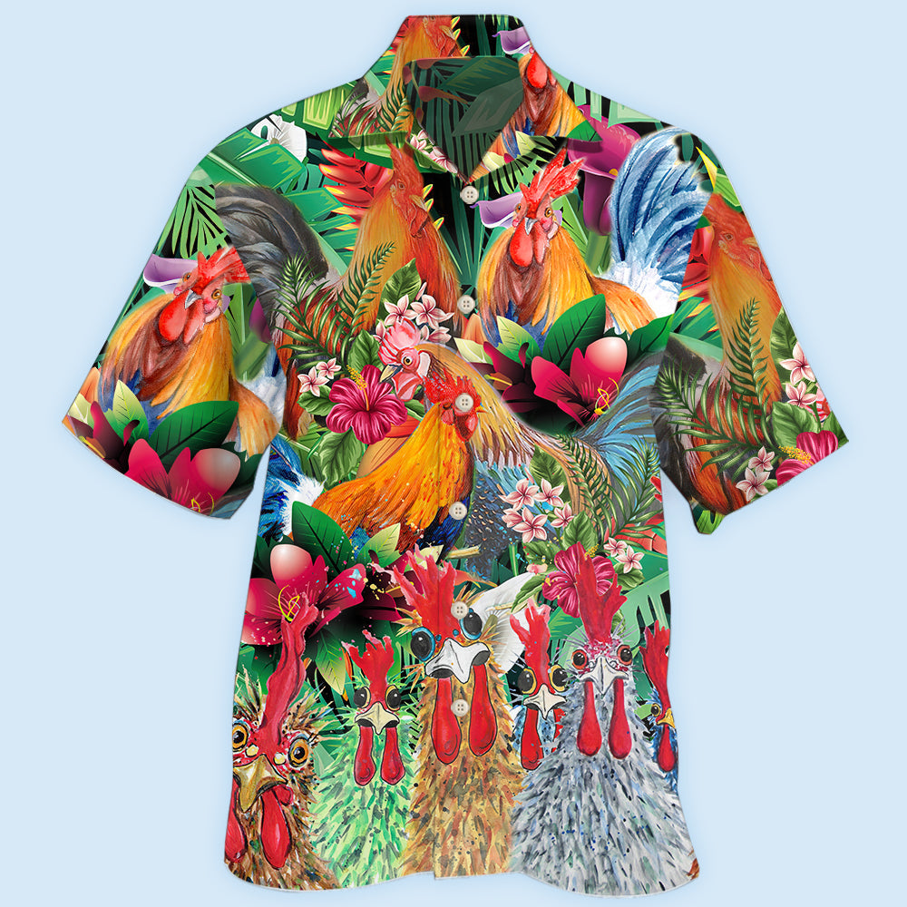 Floral Tropical Chicken Pattern Hawaiian Shirt For Island Vacations, Resort Wear, And Relaxed Seasonal Style
