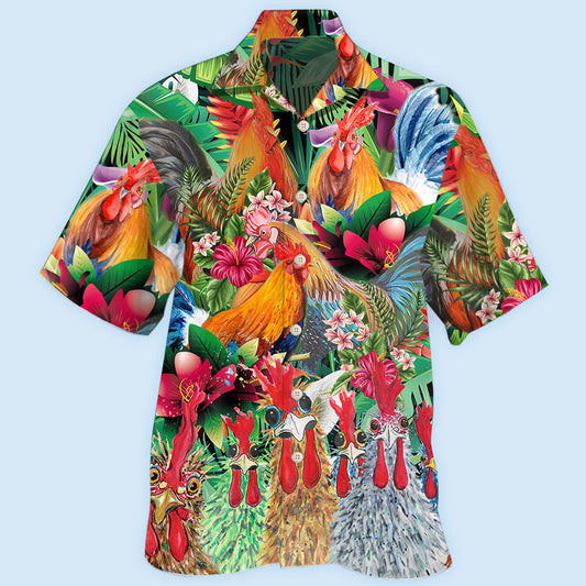 Floral Tropical Chicken Pattern Hawaiian Shirt For Island Vacations, Resort Wear, And Relaxed Seasonal Style