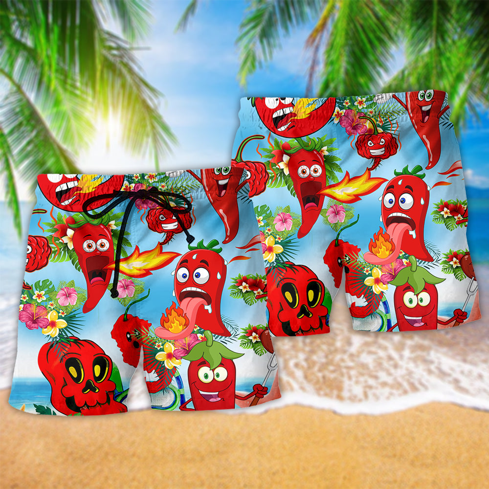 Chili Pepper Beach Shorts Pattern Detail For Island Trips And Weekend Casual Style