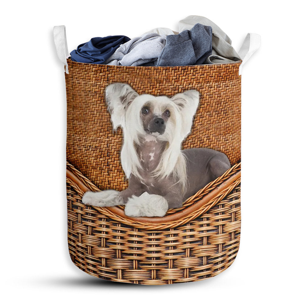 Small Size Chinese Crested Dog Rattan Texture Laundry Basket For Bathroom Bedroom Storage