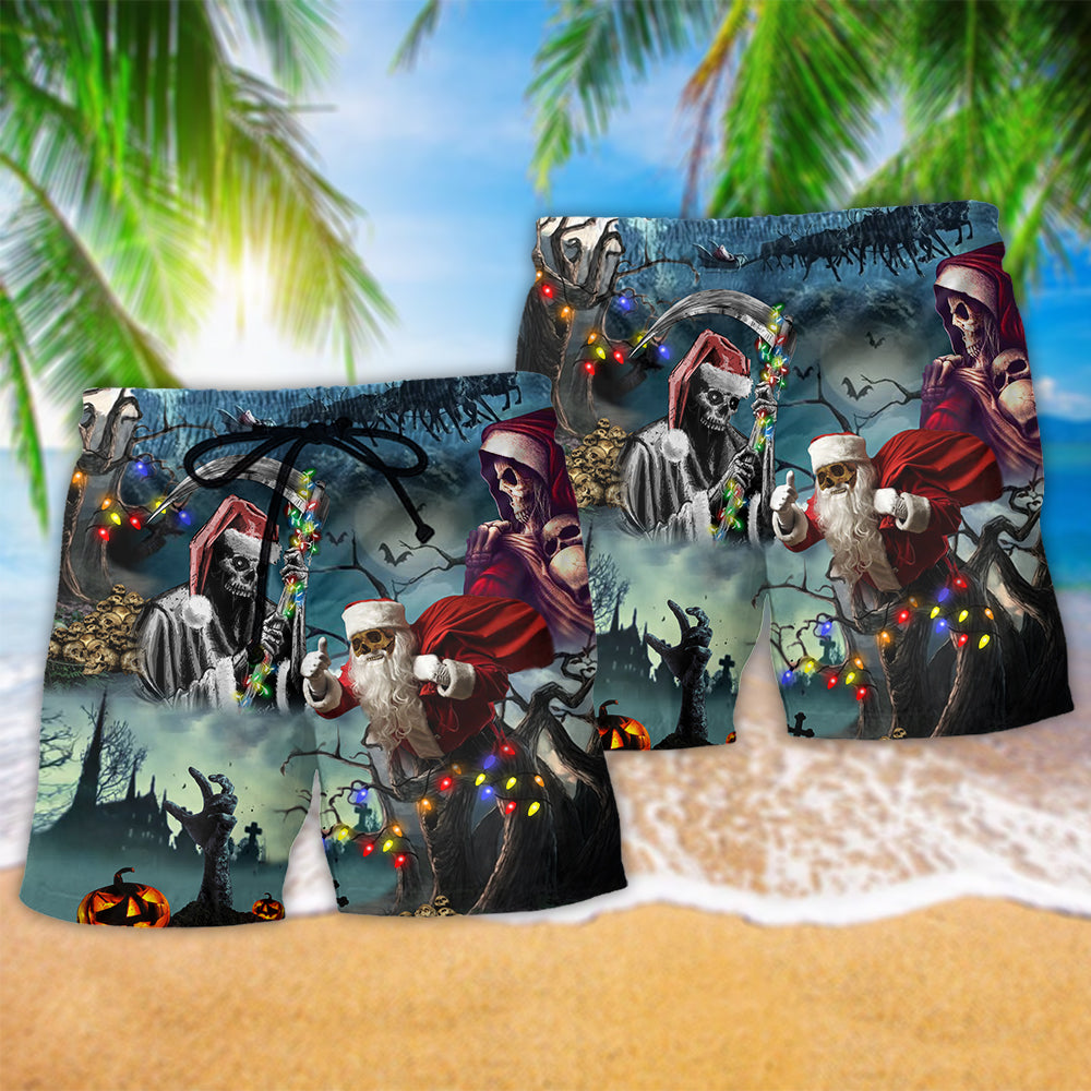 Chistmas Santa Claus Skull Hawaiian Print Beach Shorts For Holiday Beach Days
