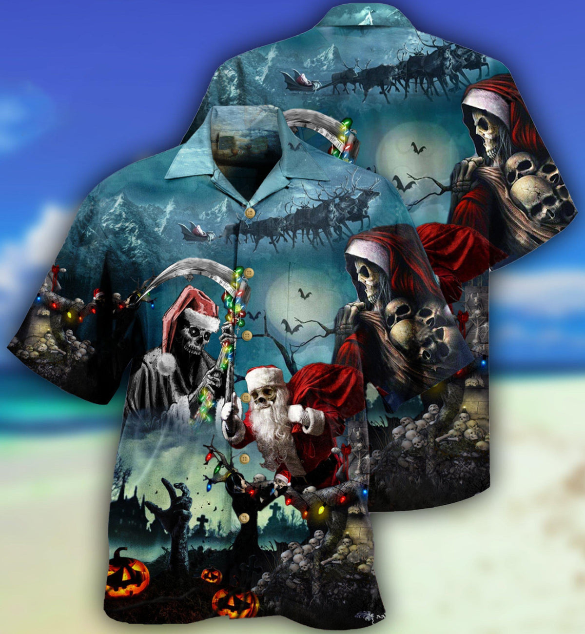 Christmas Skull Hawaiian Shirt With All Over Print For Beach Days Resort Trips And Relaxed Everyday Style