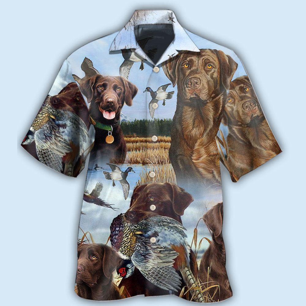 Blue Hunting Chocolate Labrador Retriever Sky Hawaiian Shirt For Summer Events And Casual Outdoor Wear