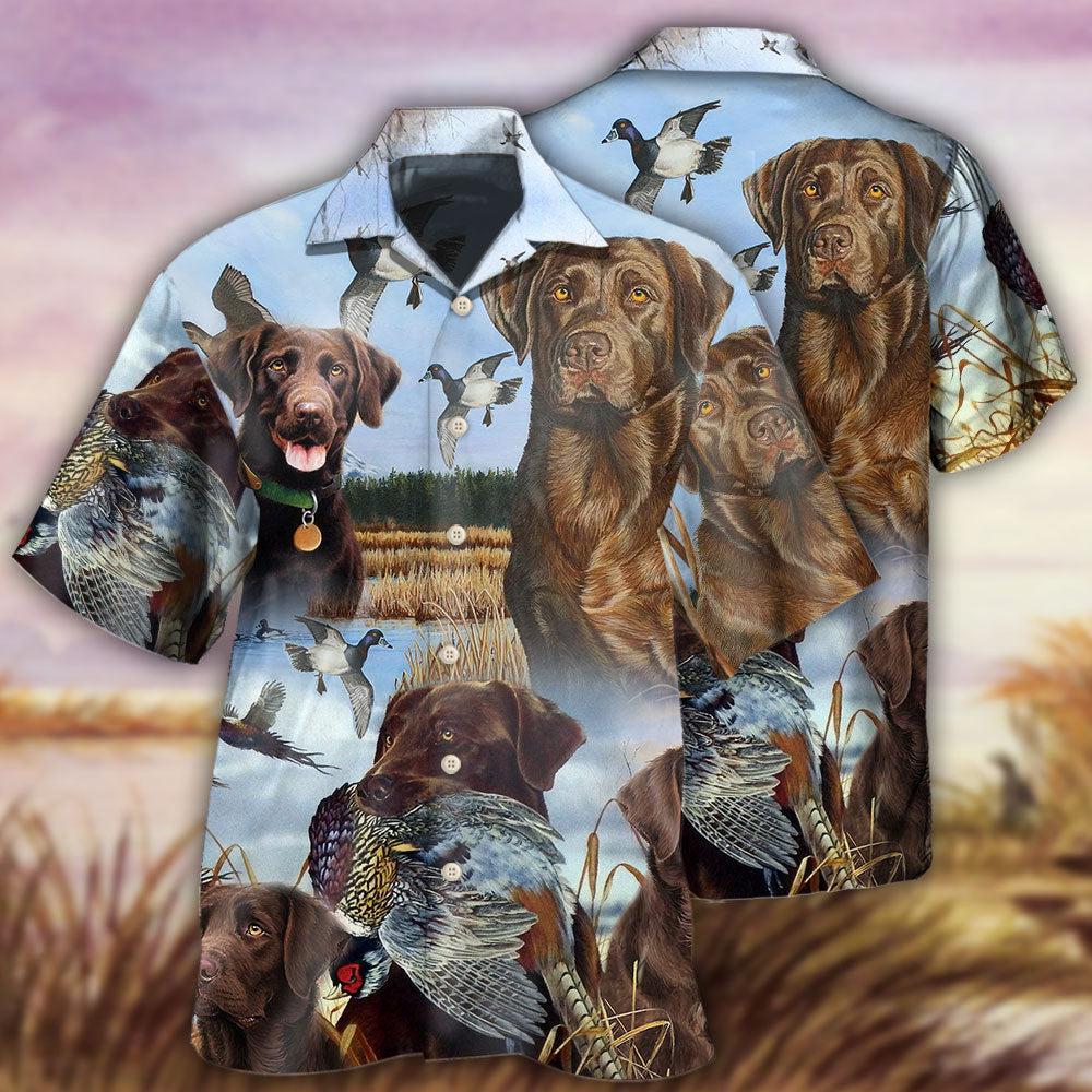 Blue Hunting Chocolate Labrador Retriever Sky Hawaiian Shirt Design Detail For Beach Days And Holiday Travel
