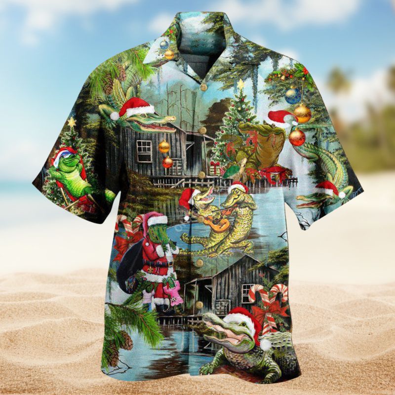 Christmas Alligator Greeting Hawaiian Shirt For Resort Trips, Coastal Parties, And Warm Weather Style
