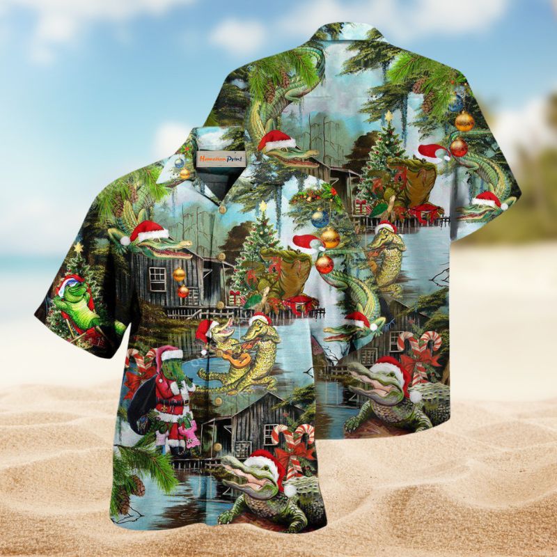 Christmas Alligator Greeting Hawaiian Shirt For Resort Trips, Coastal Parties, And Warm Weather Style