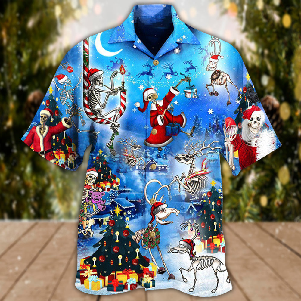 Festive Skull Christmas Night Hawaiian Shirt Pattern Detail For Summer Holidays And Outdoor Fun