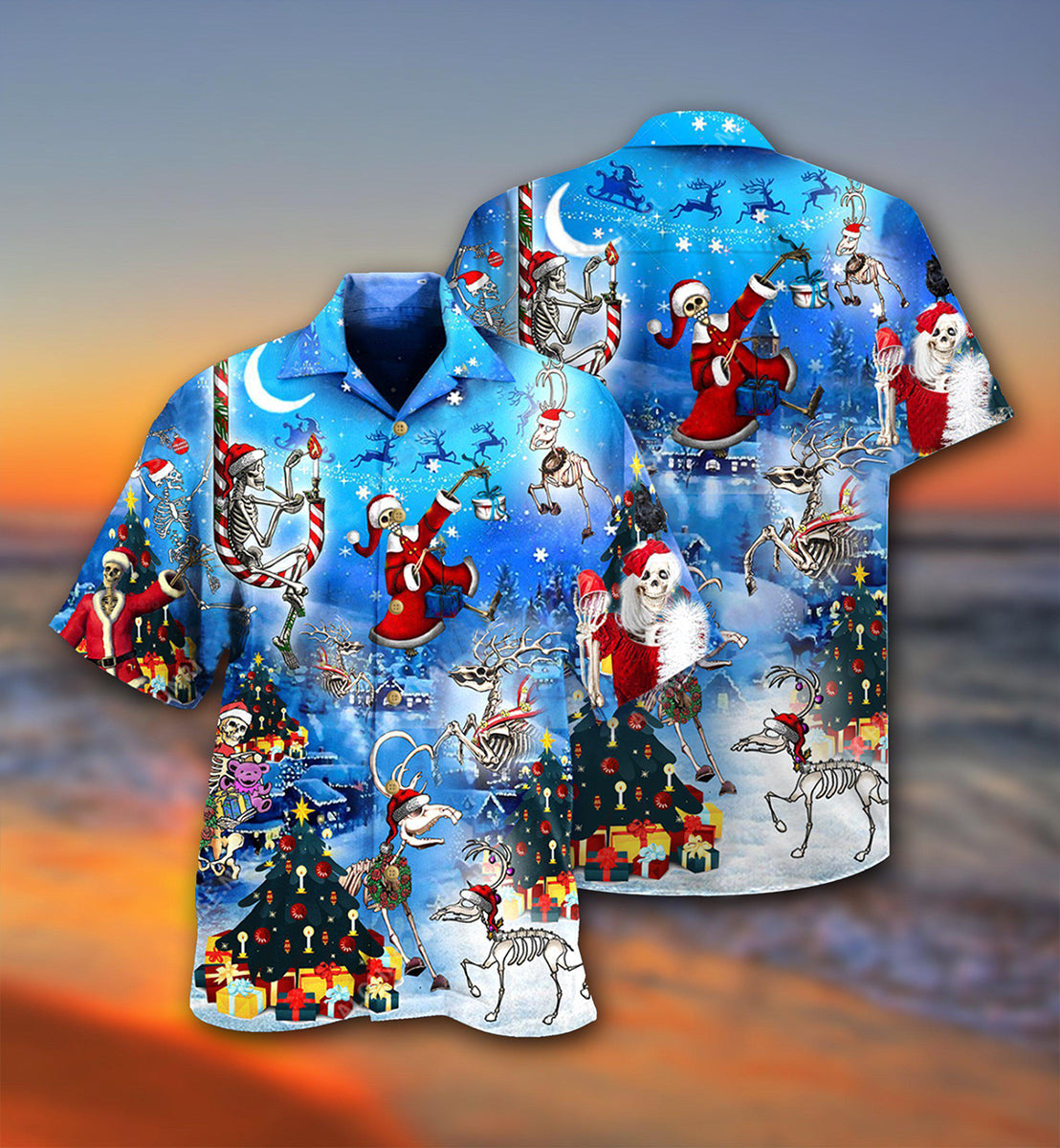 Festive Skull Christmas Night Hawaiian Shirt Design View For Resort Travel And Thoughtful Gifting