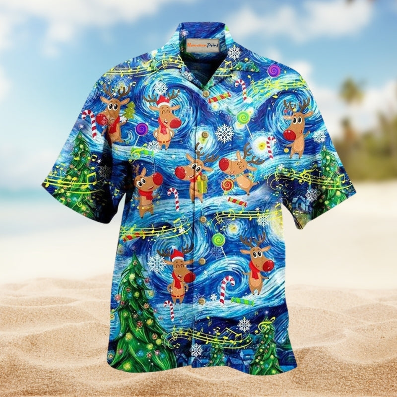Happy Dancing Christmas Reindeer Hawaiian Shirt For Summer Vacation Beach Travel And Relaxed Casual Wear