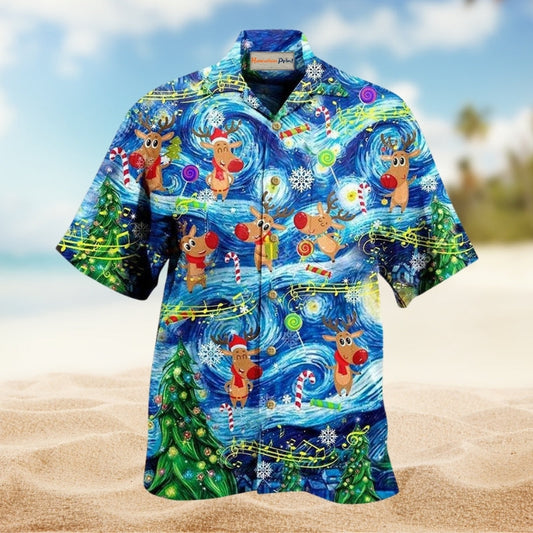 Happy Dancing Christmas Reindeer Hawaiian Shirt For Summer Vacation Beach Travel And Relaxed Casual Wear