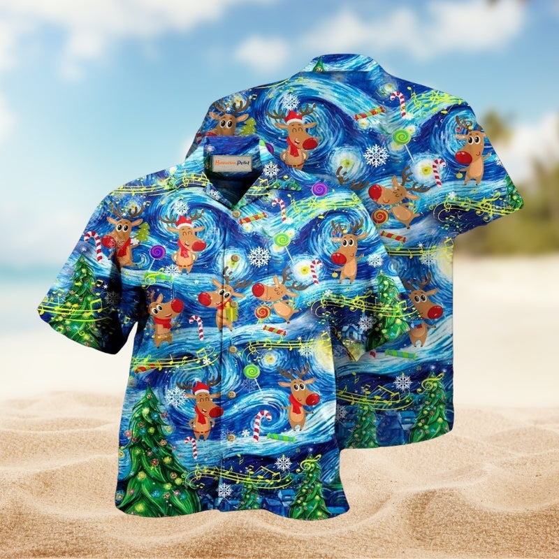 Happy Dancing Christmas Reindeer Hawaiian Shirt For Summer Vacation Beach Travel And Relaxed Casual Wear