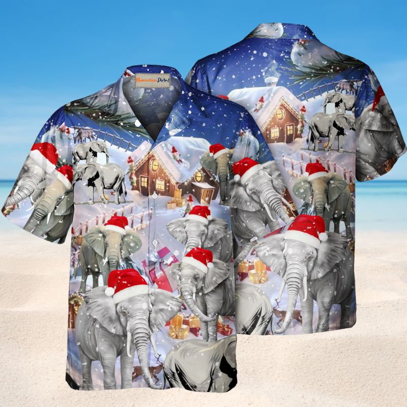 Christmas Elephant Town Hawaiian Shirt For Holiday Parties, Tropical Vacations, And Festive Gift Giving